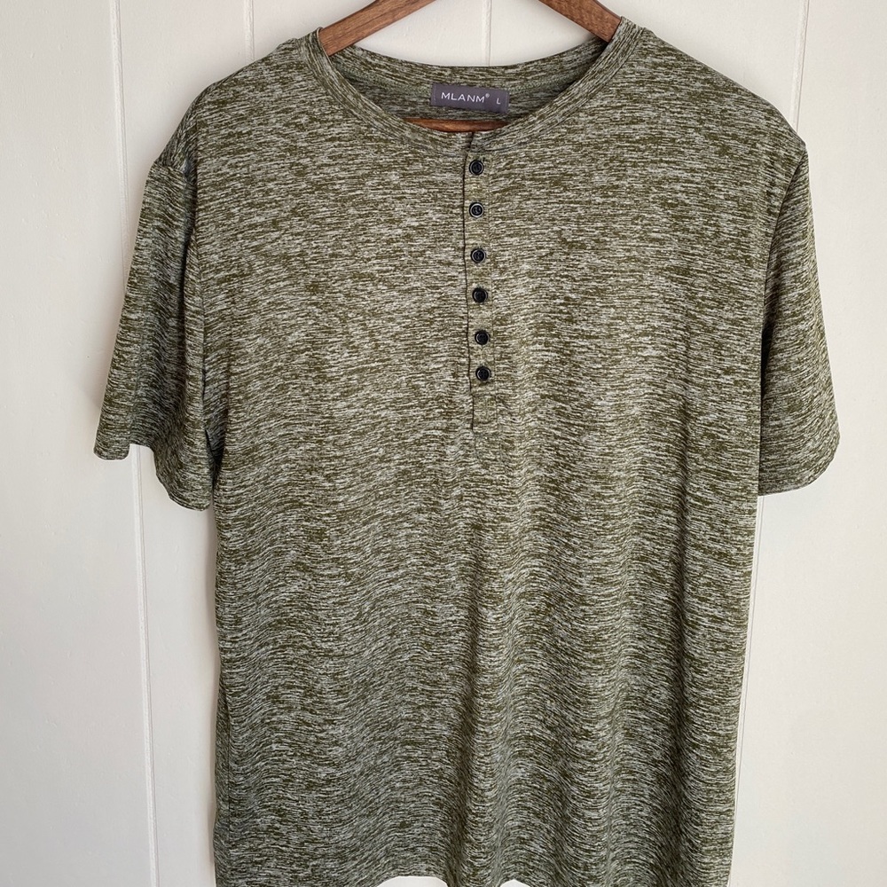 MLANM Men’s Henley Six Button Performance | Size Large | Green